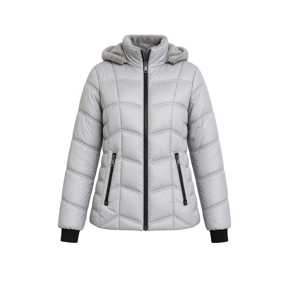 Nautica Womens Silver Puffer Jacket Detachable Faux Fur Hood Water Resistant M